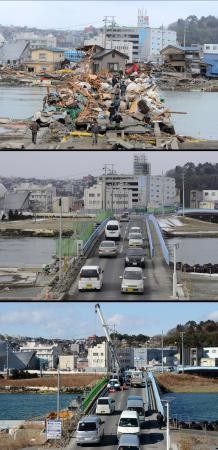 قصة مصورة : صور للأماكن التي دمرها تسونامي اليابان .. وأخرى لها بعد الترميم