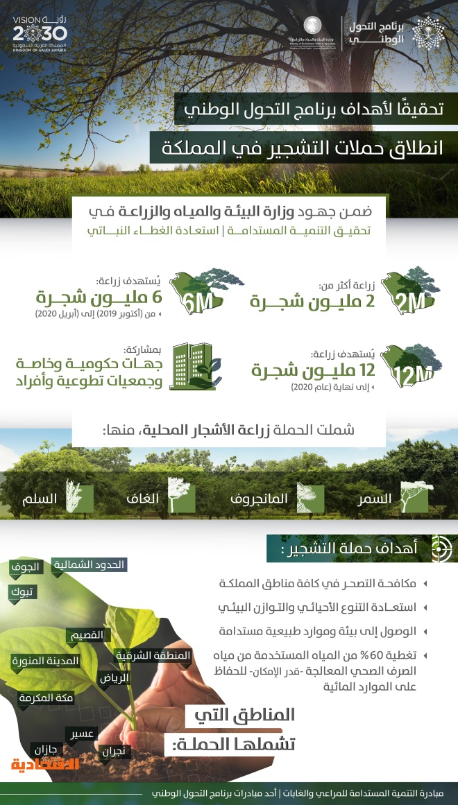 السعودية تطلق المرحلة الأولى من زراعة 12 مليون شجرة في المملكة حتى نهاية 2020