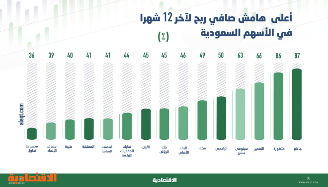أعلى هامش صافي ربح لـ 10 شركات سعودية مدرجة .. راوح بين 36 و87 %