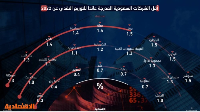 أدنى توزيعات نقدية في الأسهم السعودية .. 23 شركة توزع 1.5 % فأقل عن 2022