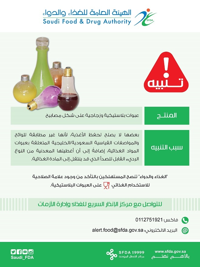 "الغذاء والدواء": العبوات البلاستيكية والزجاجية على شكل مصابيح لا تصلح للاستخدام الغذائي