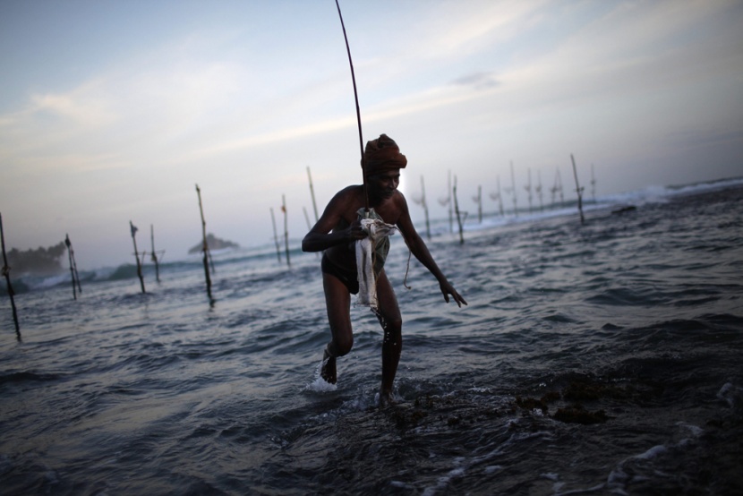 صيادون (STICK FISHER) يصطادون ويجلسون على العصى للصيد في وسط البحر ويعدون أحد المعالم الرئيسة في سيرلانكا.