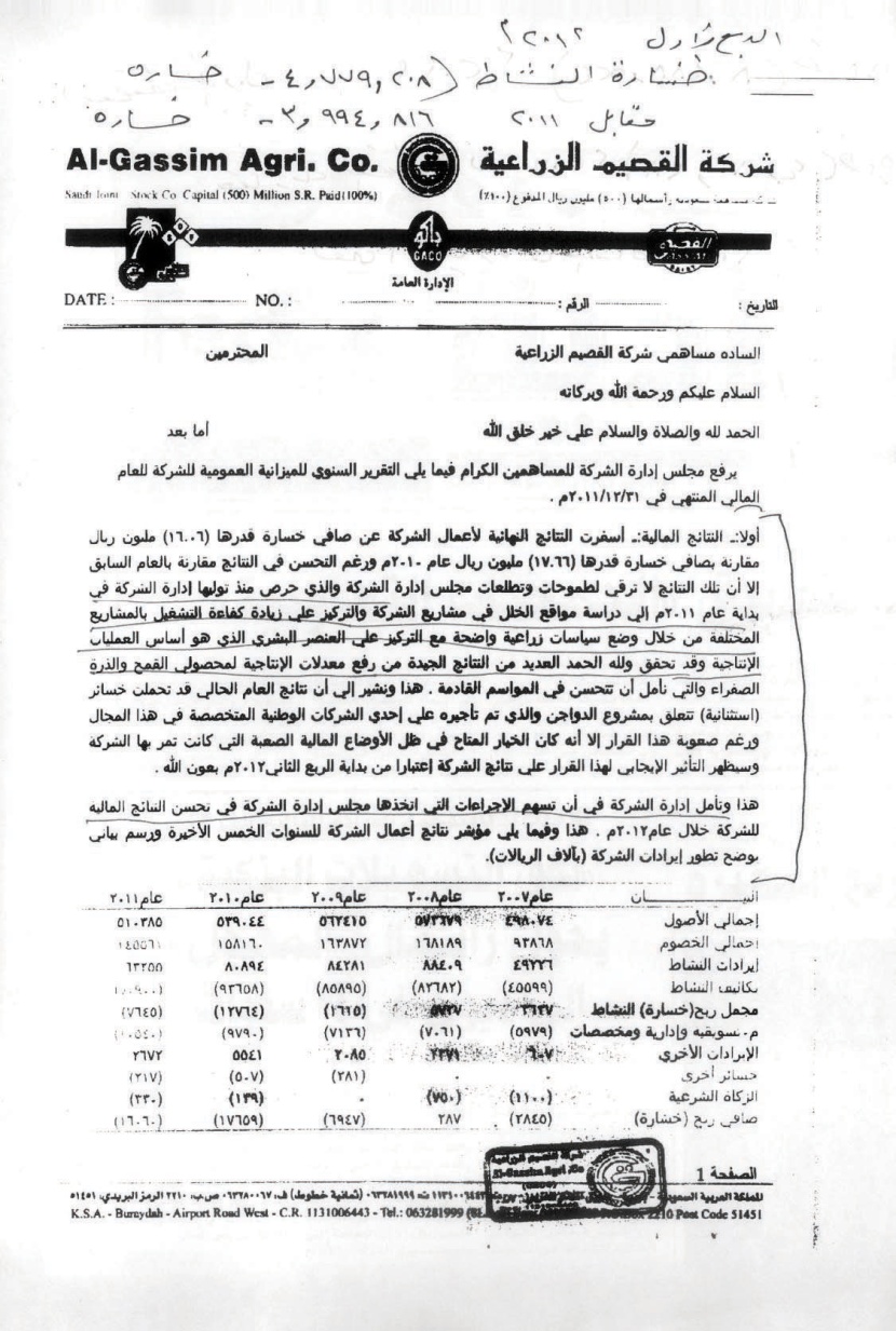 تكتل لمساهمي «القصيم الزراعية» يتهم مجلس إدارتها بـ «الفساد»