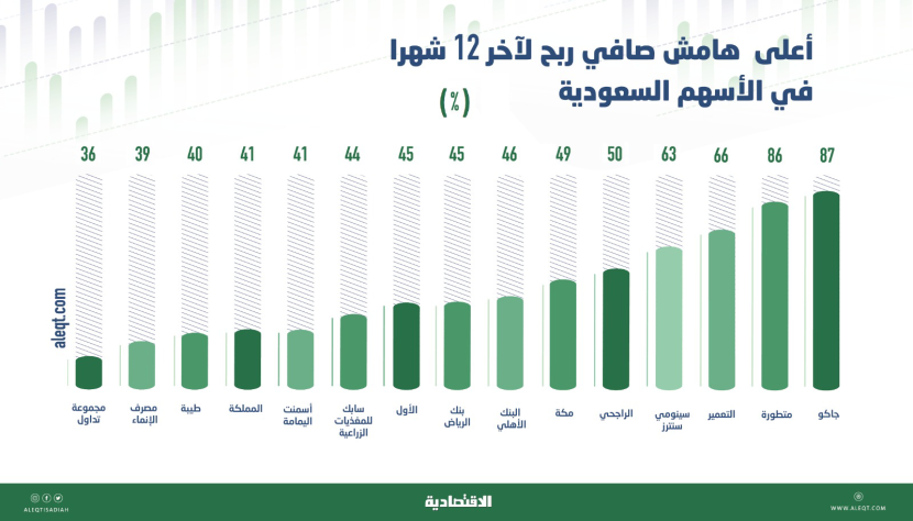 أعلى هامش صافي ربح لـ 10 شركات سعودية مدرجة .. راوح بين 36 و87 %