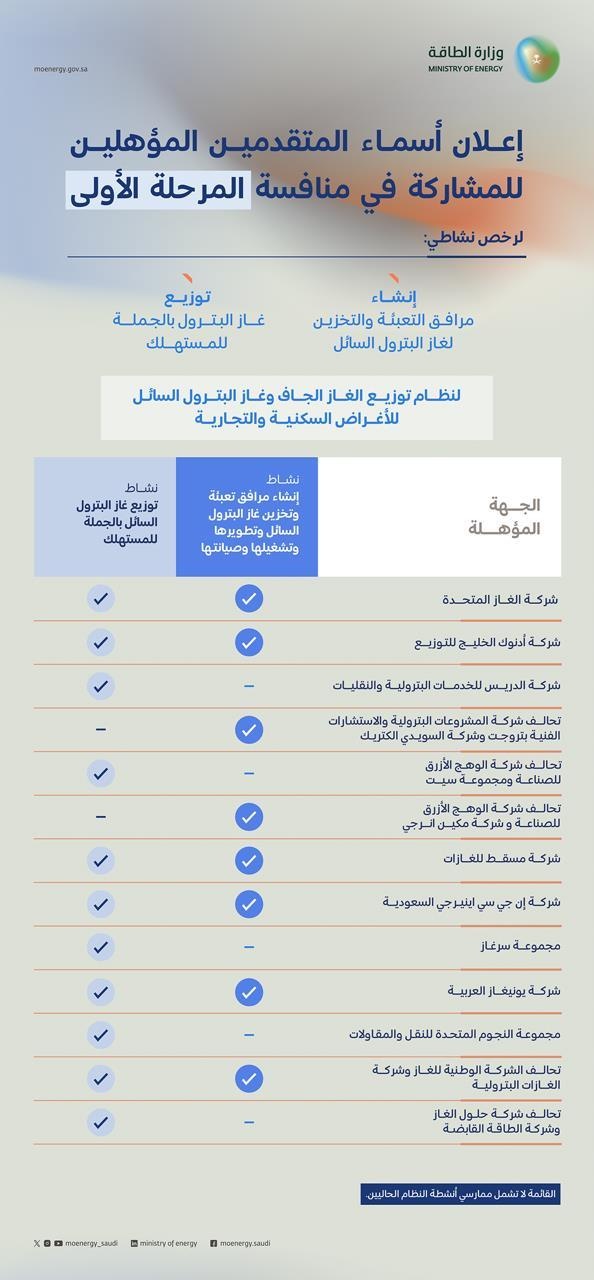 "الطاقة" تعلن أسماء الشركات المؤهلة للمنافسة في أنشطة توزيع الغاز للأغراض السكنية والتجارية