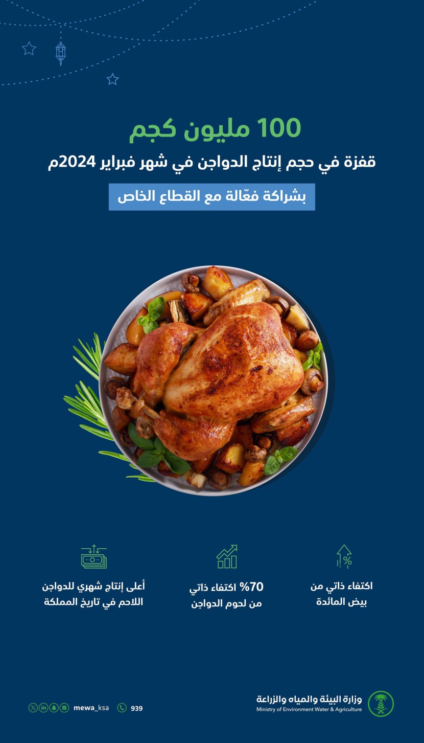 السعودية تسجل رقما قياسيا بإنتاج 100 مليون كيلوجرام من الدواجن خلال شهر