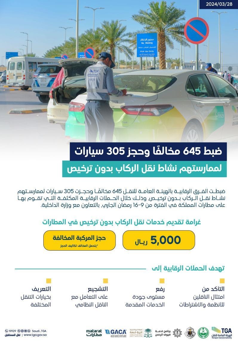 ضبط 645 مخالفا وحجز 305 سيارات لممارستهم نشاط نقل الركاب في المطارات دون ترخيص 